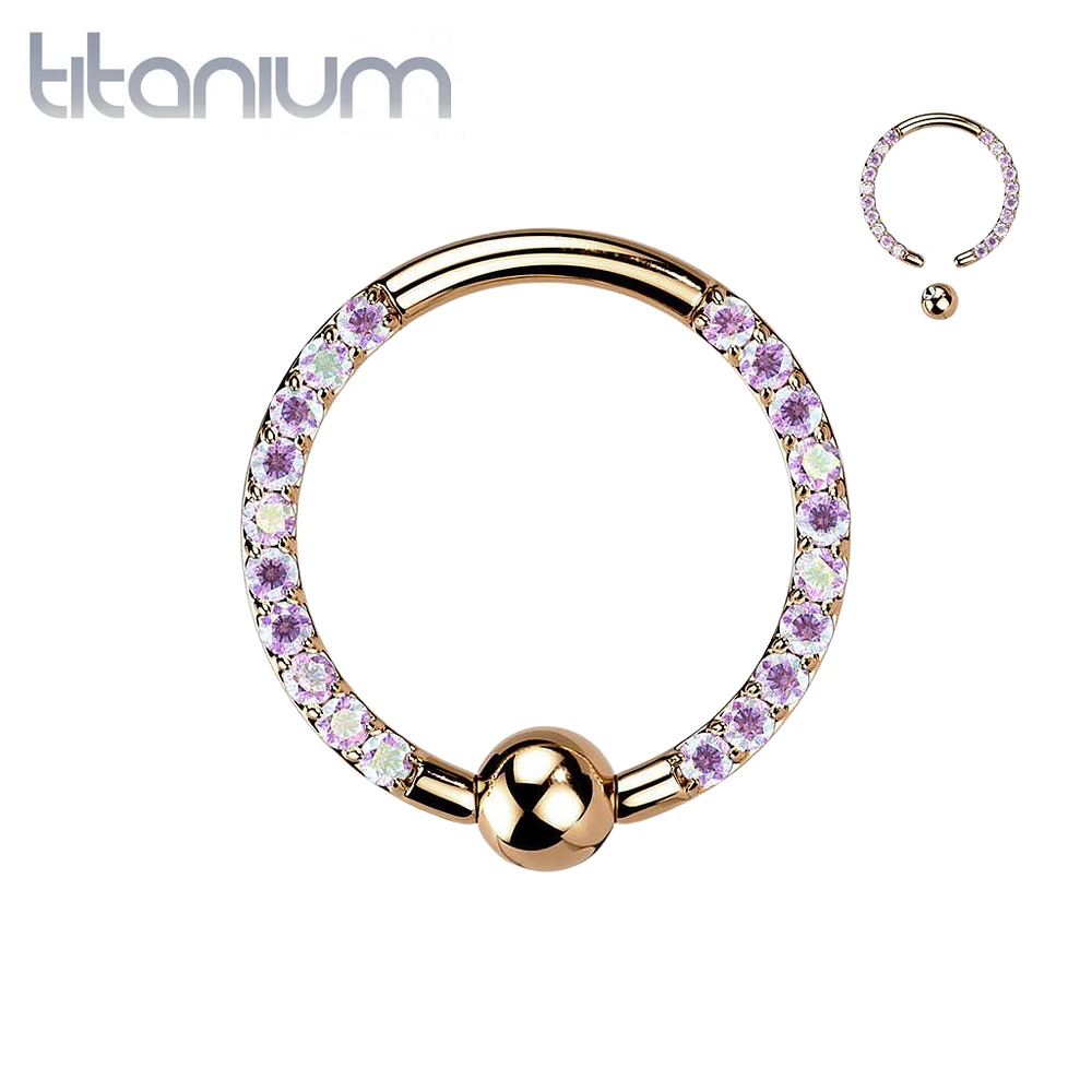 Implant Grade Titanium Rose Gold PVD Front Facing AB CZ Pave CBR Hoop Ring