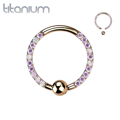 Implant Grade Titanium Rose Gold PVD Front Facing AB CZ Pave CBR Hoop Ring