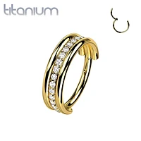 Implant Grade Titanium Gold PVD White CZ Pave Center Hinged Clicker Hoop