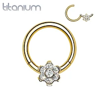 Implant Grade Titanium Gold PVD White CZ Gem Flower Hinged Clicker Hoop