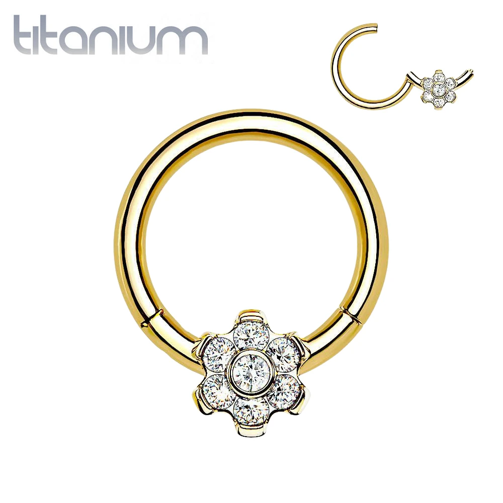 Implant Grade Titanium Gold PVD White CZ Gem Flower Hinged Clicker Hoop