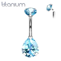 Implant Grade Titanium Internally Threaded Pear Tear Drop Aqua CZ Belly Ring