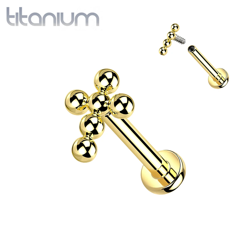 Implant Grade Titanium Gold PVD Beaded Dainty Cross Internally Threaded Labret