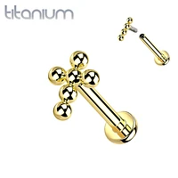 Implant Grade Titanium Gold PVD Beaded Dainty Cross Internally Threaded Labret