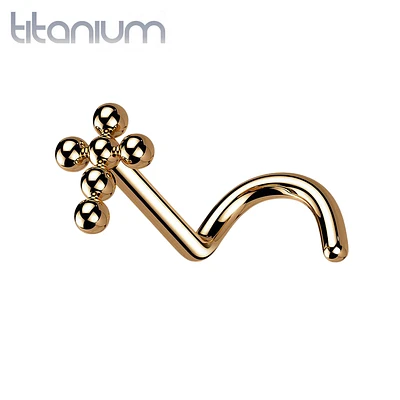 Implant Grade Titanium Rose Gold PVD Corkscrew Beaded Cross Nose Stud Ring