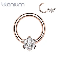 Implant Grade Titanium Rose Gold PVD White CZ Gem Flower Hinged Clicker Hoop