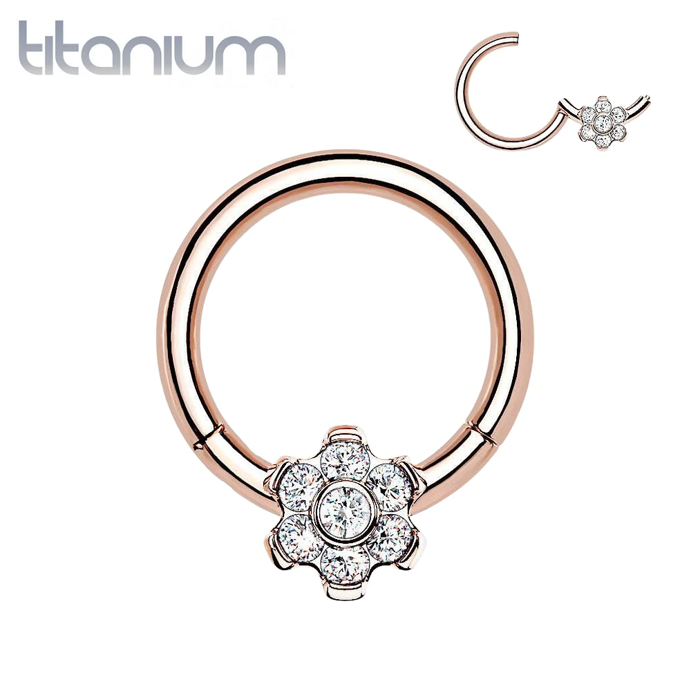 Implant Grade Titanium Rose Gold PVD White CZ Gem Flower Hinged Clicker Hoop