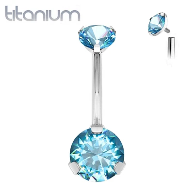 Implant Grade Titanium Internally Threaded Aqua CZ Prong Belly Button Navel Ring