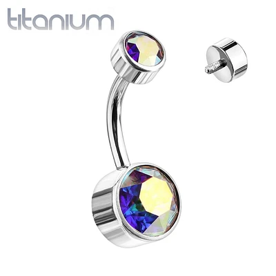 Internally Threaded Grade Titanium Bezel Aurora Borealis Gem Belly Ring