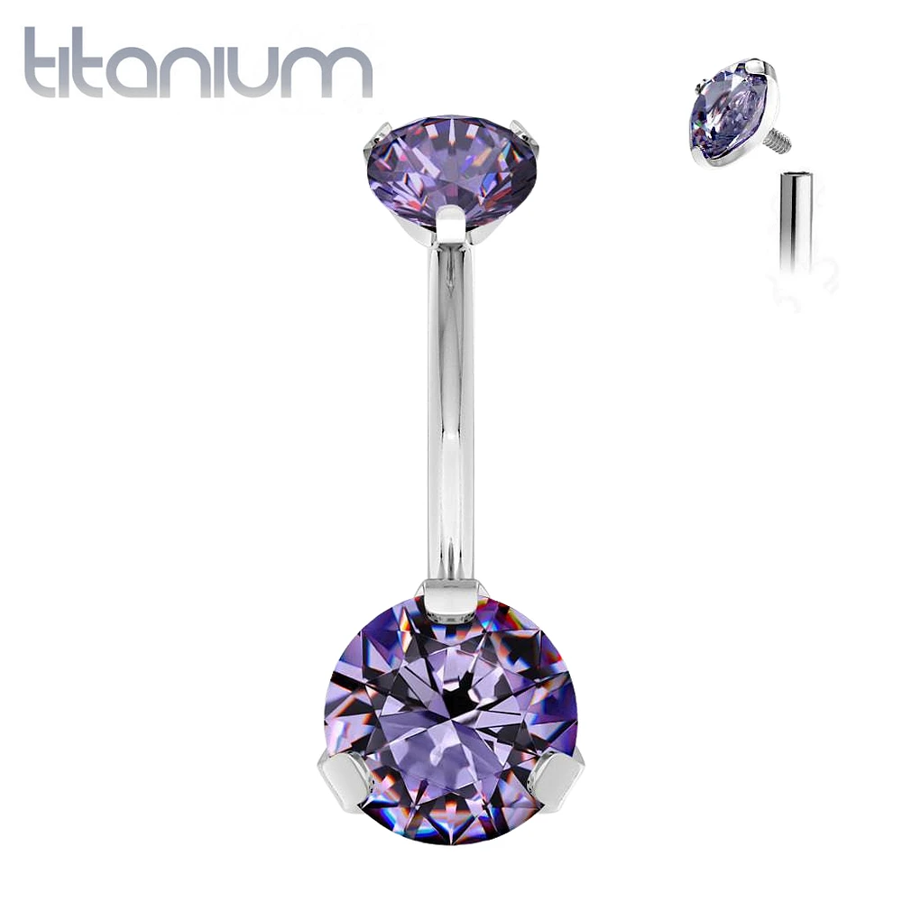 Implant Grade Titanium Internally Threaded Tanzanite CZ Prong Belly Button Navel Ring