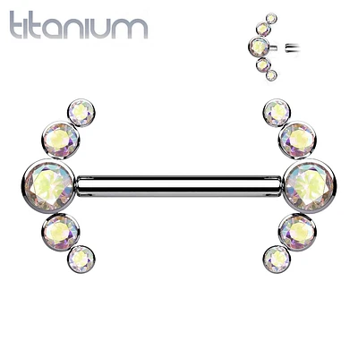 Implant Grade Titanium Internally Threaded Aurora Borealis 5 Bezel CZ Gem Nipple Ring