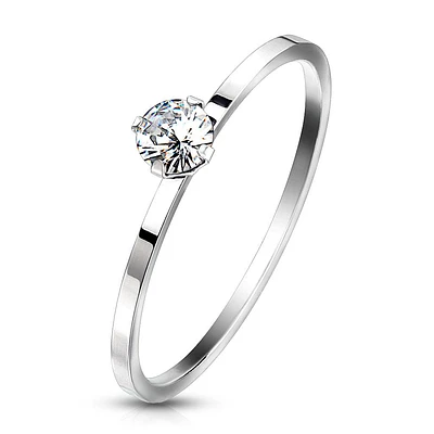 White 4mm Round CZ Prong Stainless Steel Ring