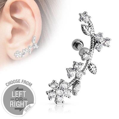 White CZ Flower Vine Ear Cartilage Lobe Piercing Stud