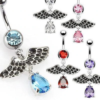 Wings with Teardrop Dangle Surgical Steel Belly Button Navel Ring