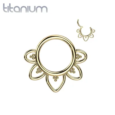 Titanium Gold PVD Tribal Flower Shaped Hinged Septum Daith Clicker Hoop