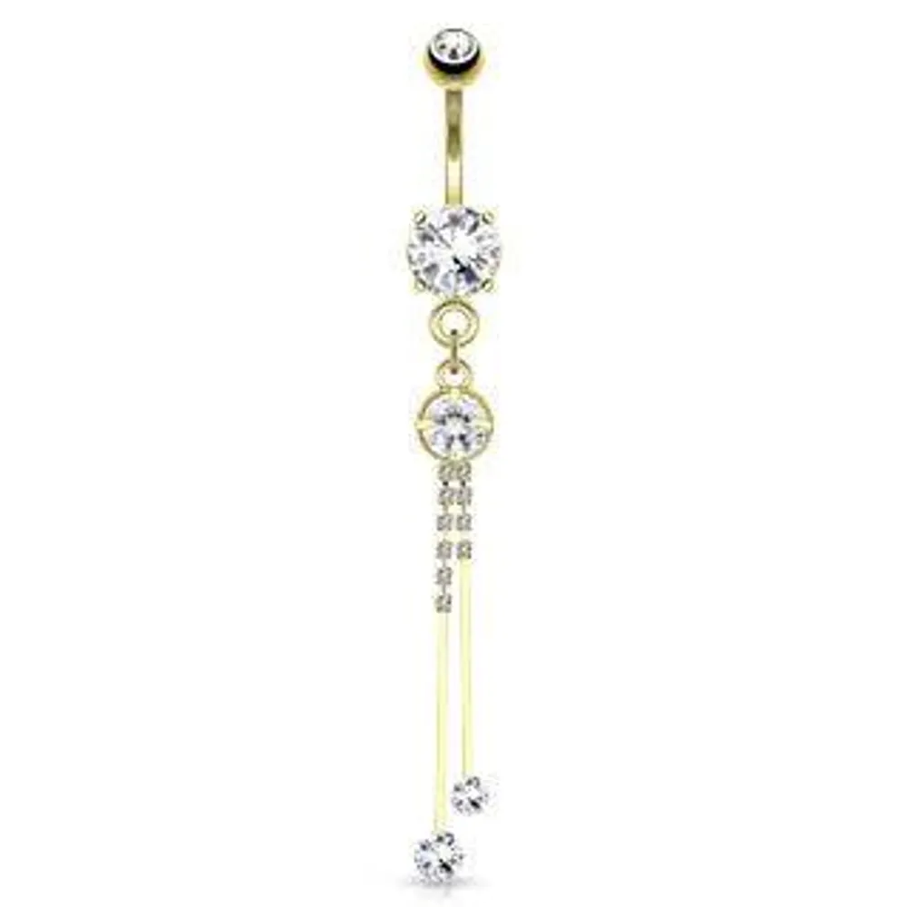 14kt Gold Plated over Surgical Steel Dangling Multi Paved String White CZ Belly Button Navel Ring