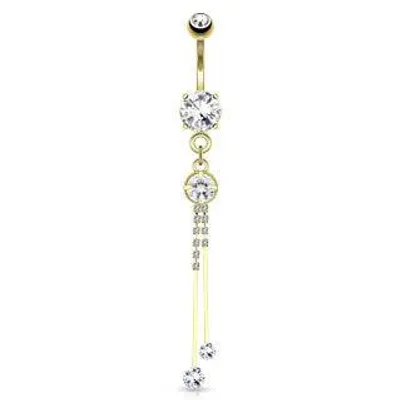 14kt Gold Plated over Surgical Steel Dangling Multi Paved String White CZ Belly Button Navel Ring