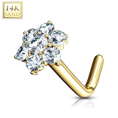 14KT Solid Gold L Shape Flower CZ Nose Ring Stud