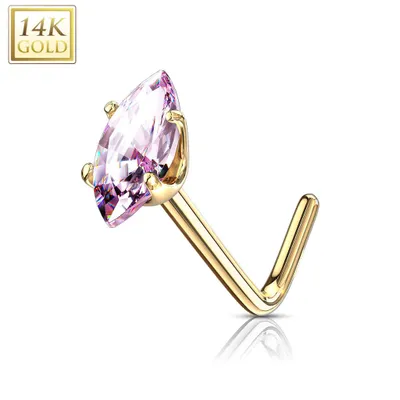 14KT Solid Gold L Shape Pink Marquise CZ Nose Ring Stud