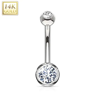 14KT Solid White Gold Double White Ball CZ Gem Belly Button Ring