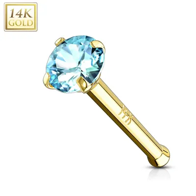 14KT Solid Yellow Gold Ball End Aqua CZ Prong Nose Pin Ring