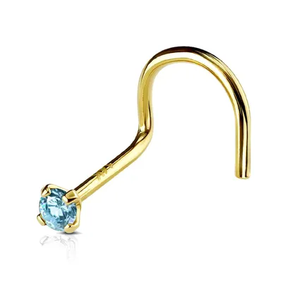 14KT Solid Yellow Gold Prong Aqua CZ Gem Corkscrew Nose Ring Stud