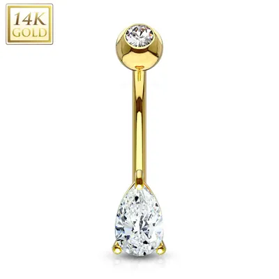 14KT Solid Yellow Gold Tear Drop White CZ Belly Ring