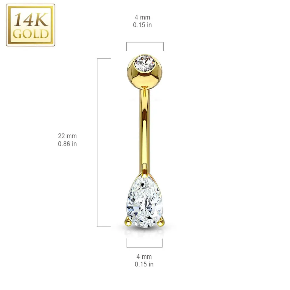 14KT Solid Yellow Gold Tear Drop White CZ Belly Ring