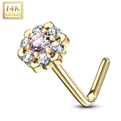 14KT Solid Yellow Gold White & Pink CZ Cluster Flower L shape Nose Ring Stud