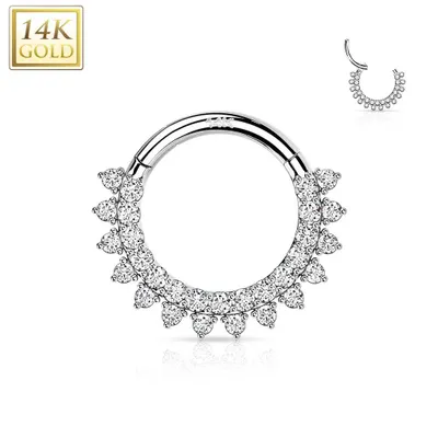 14KT White Gold Double Layer Pave White CZ Hinged Septum Clicker Hoop