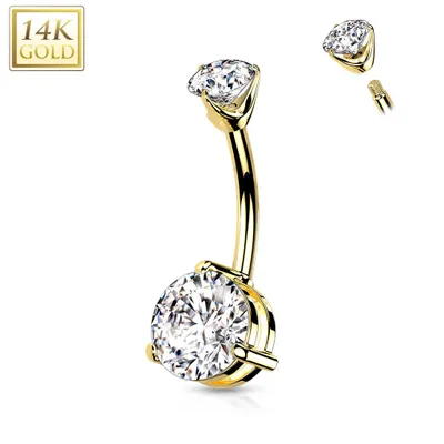 14KT Yellow Gold Clawed White Circle CZ Stud Belly Ring