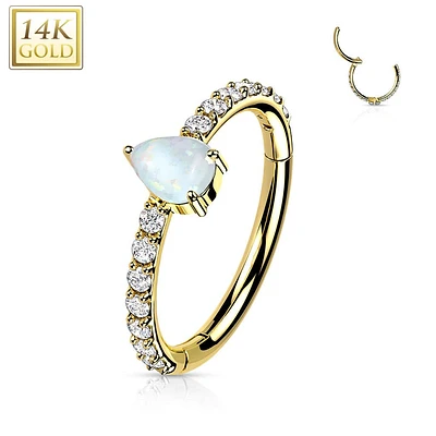 14KT Yellow Gold Pave White Opal Pear Shaped Center Hinged Clicker Hoop