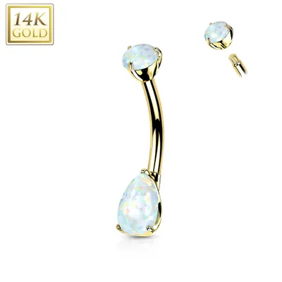 14KT Yellow Gold Pear Shaped White Opal Stud Belly Ring