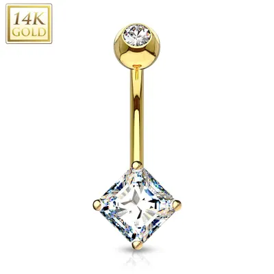14KT Yellow Gold White Princess Cut Prong CZ Belly Button Ring