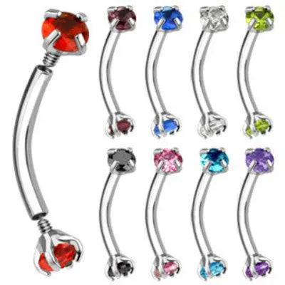16ga Curved Surgical Steel Eyebrow Cartilage Helix Tragus Ring with Prong Set CZ Gems