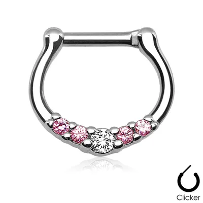 16ga Small White and Pink 5 Prong Set CZ Septum Ring  316L Surgical Steel Bar Clicker
