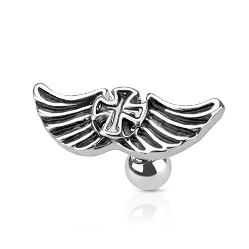16ga surgical steel iron cross with wings cartilage helix stud ring barbell with ball back