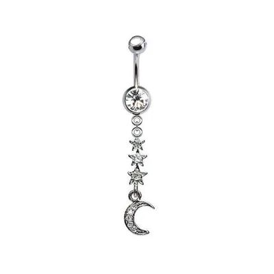 316L Surgical Steel 3 Star and Moon CZ Dangle Belly Ring