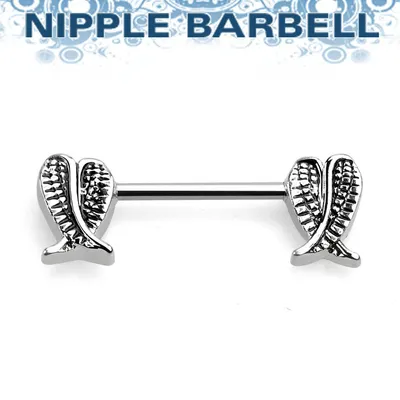 316L Surgical Steel Angel Wings  On Both Sides Nipple Ring Straight Barbell