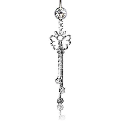 316L Surgical Steel Angel with Chain CZ Dangle Belly Ring