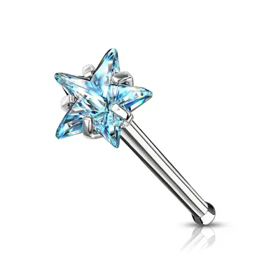 316L Surgical Steel Aqua CZ Star Ball End Nose Ring Stud