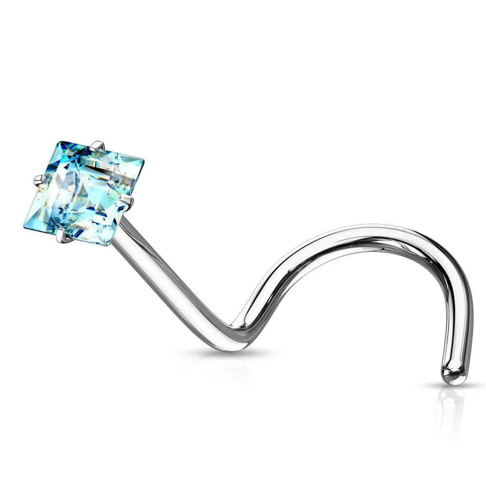 316L Surgical Steel Aqua Square CZ Gem Corkscrew Nose Ring Stud