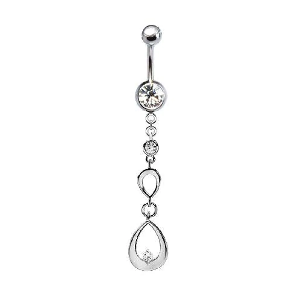 316L Surgical Steel Ascending Double Teardrop CZ Gem Dangle Belly Ring