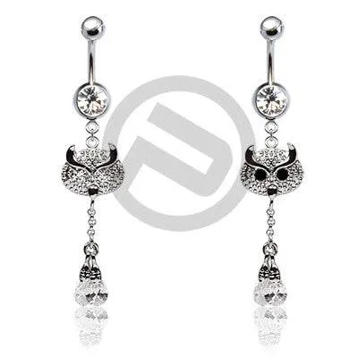 316L Surgical Steel Belly Button Navel Ring Bar with CZ Head Owl Dangle