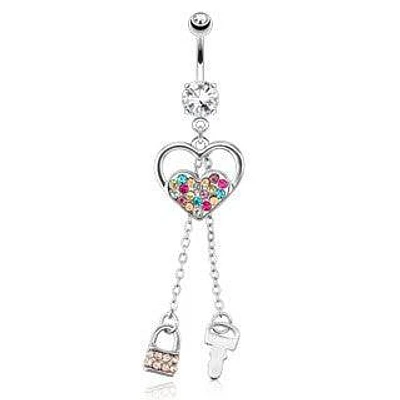 316L Surgical Steel Belly Button Navel Ring Dangling Multi Colour Heart Lock and Key
