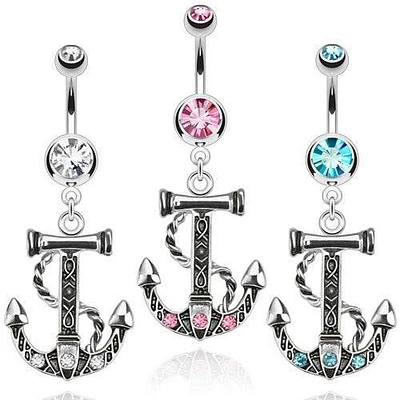 316L Surgical Steel Belly Button Navel Ring with Antique Dangling Vintage Gem Anchor