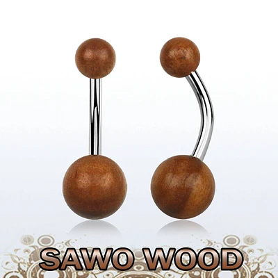 316L Surgical Steel Belly Button Ring with Sawo Wood Balls