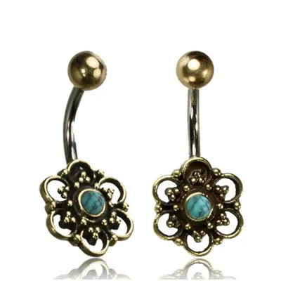 316L Surgical Steel Belly Ring Bar with Brass Flower & Turquoise