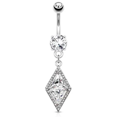 316L Surgical Steel Belly Ring with Large Paved CZ Center Dangle