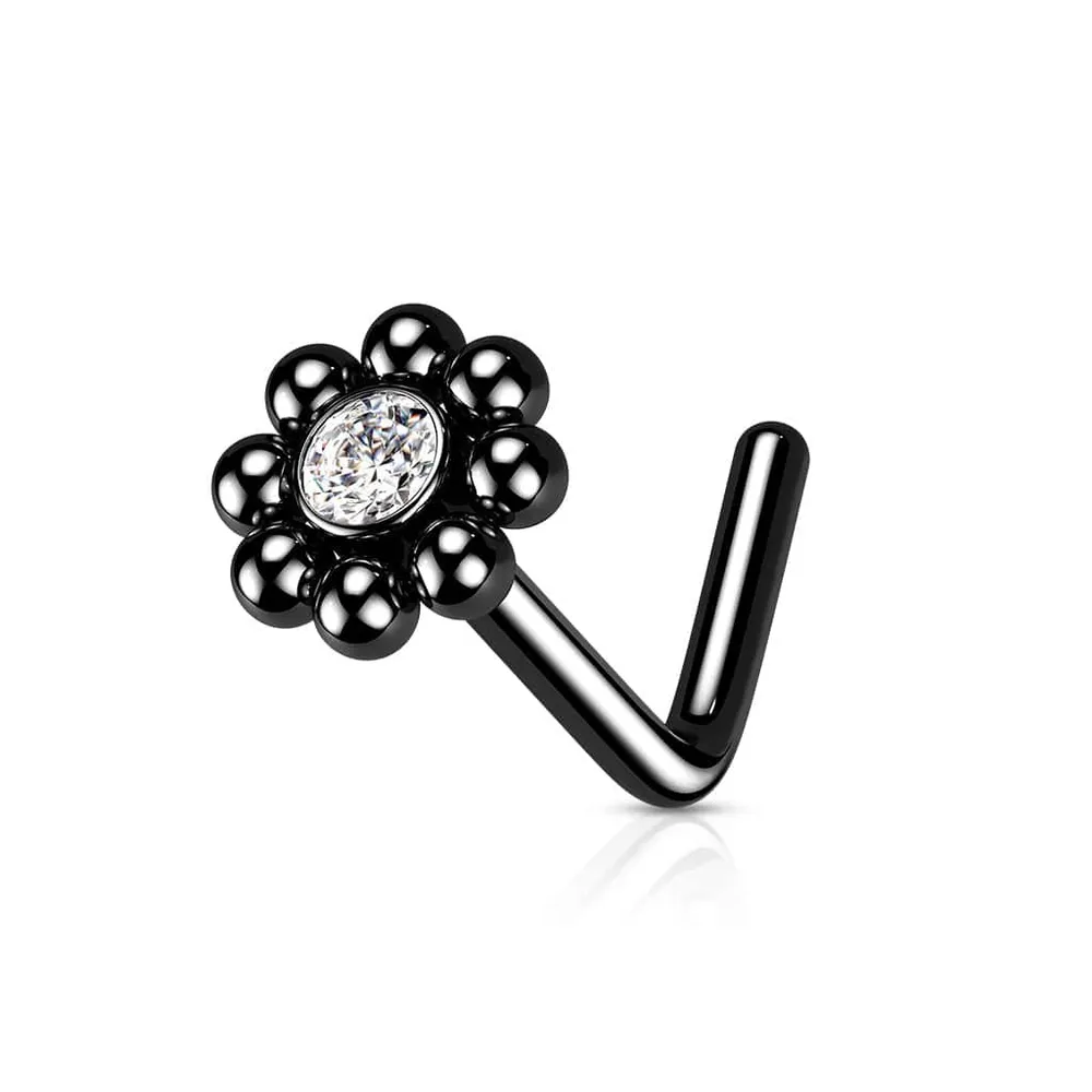 316L Surgical Steel Black PVD Ball White CZ Gem Flower L-Shape Nose Ring Stud